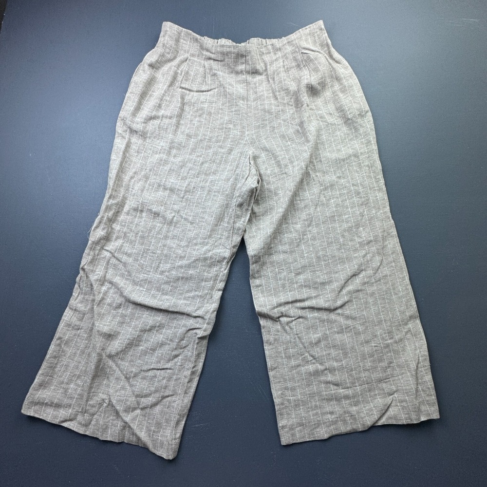 Drew Women's Large Beige Cropped Linen Pants Wide Leg Pinstriped Beach Casual